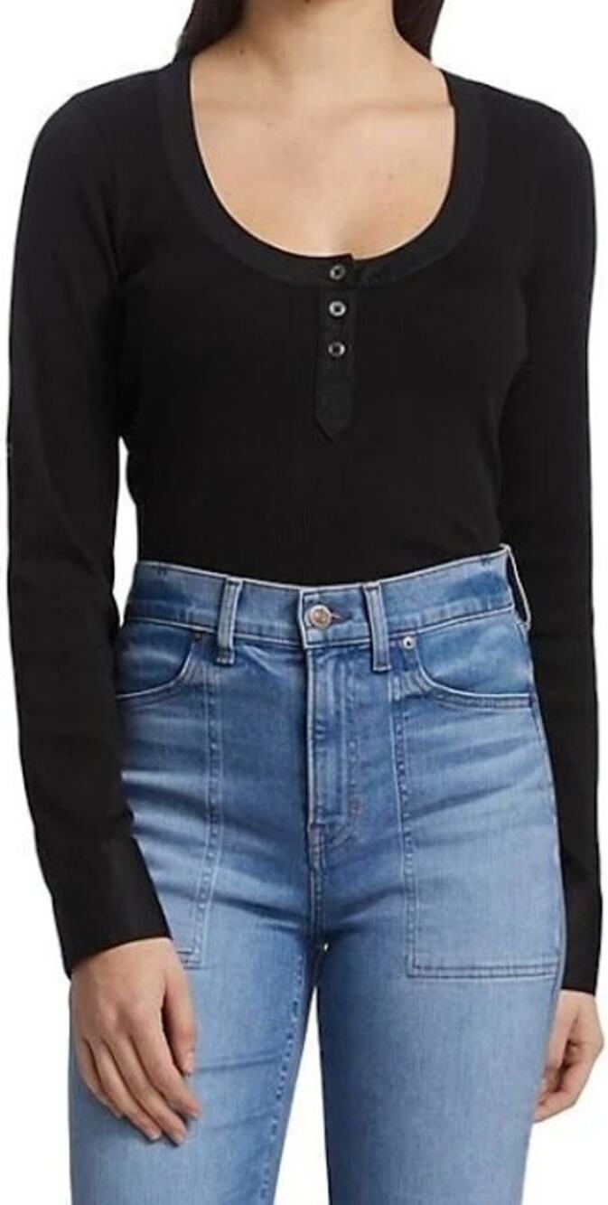 Veronica Beard McKenna Black Ribbed Scoop Neck Henley Top Size S